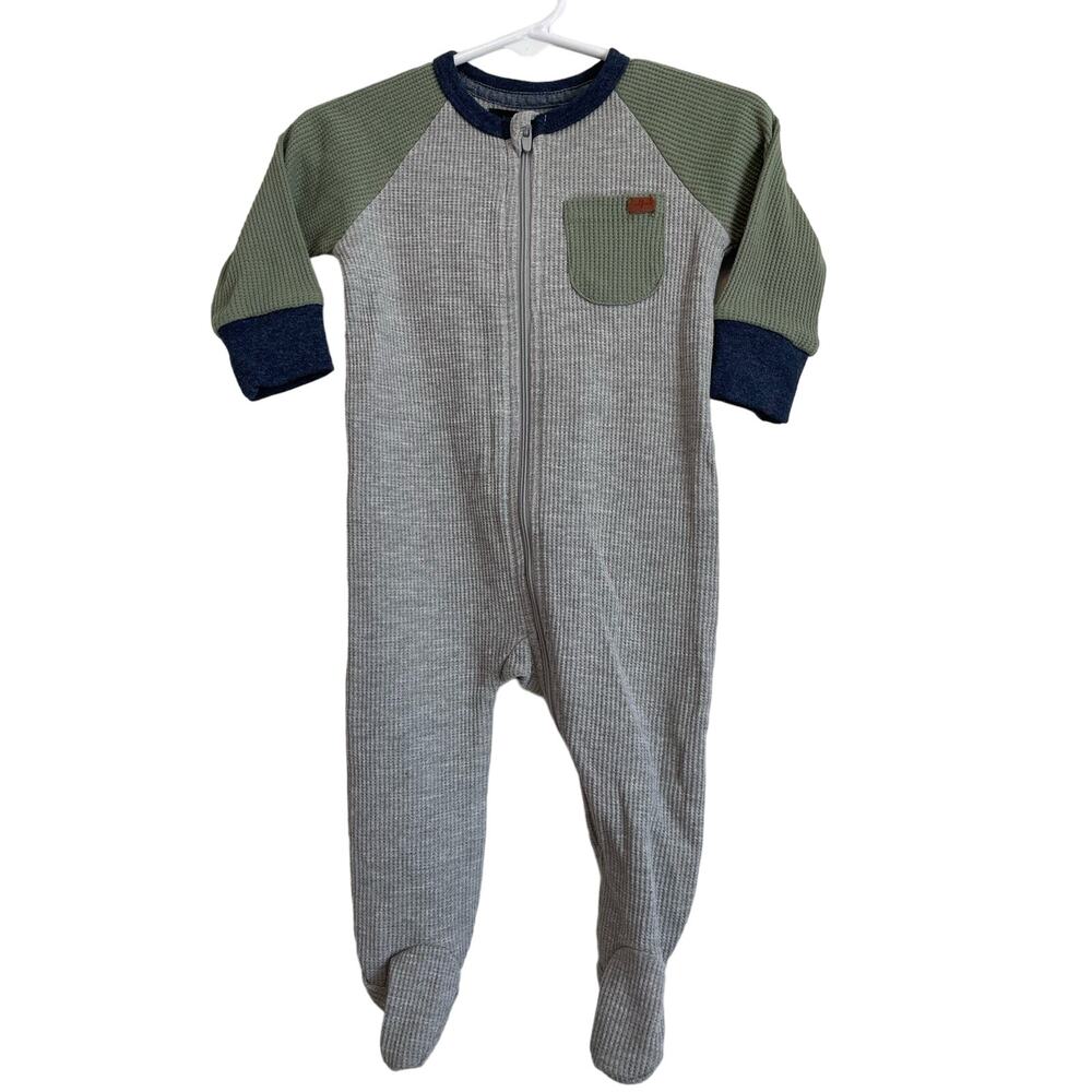 7 For All Mankind waffle knit one piece footed green gray blue long sleeve. 3-6m